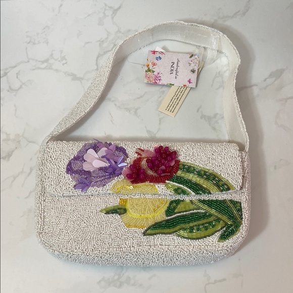 Handmade in India Handbags - Viral Floral Beaded Bag White Pink Tulip Handmade India Top Handle Shoulder